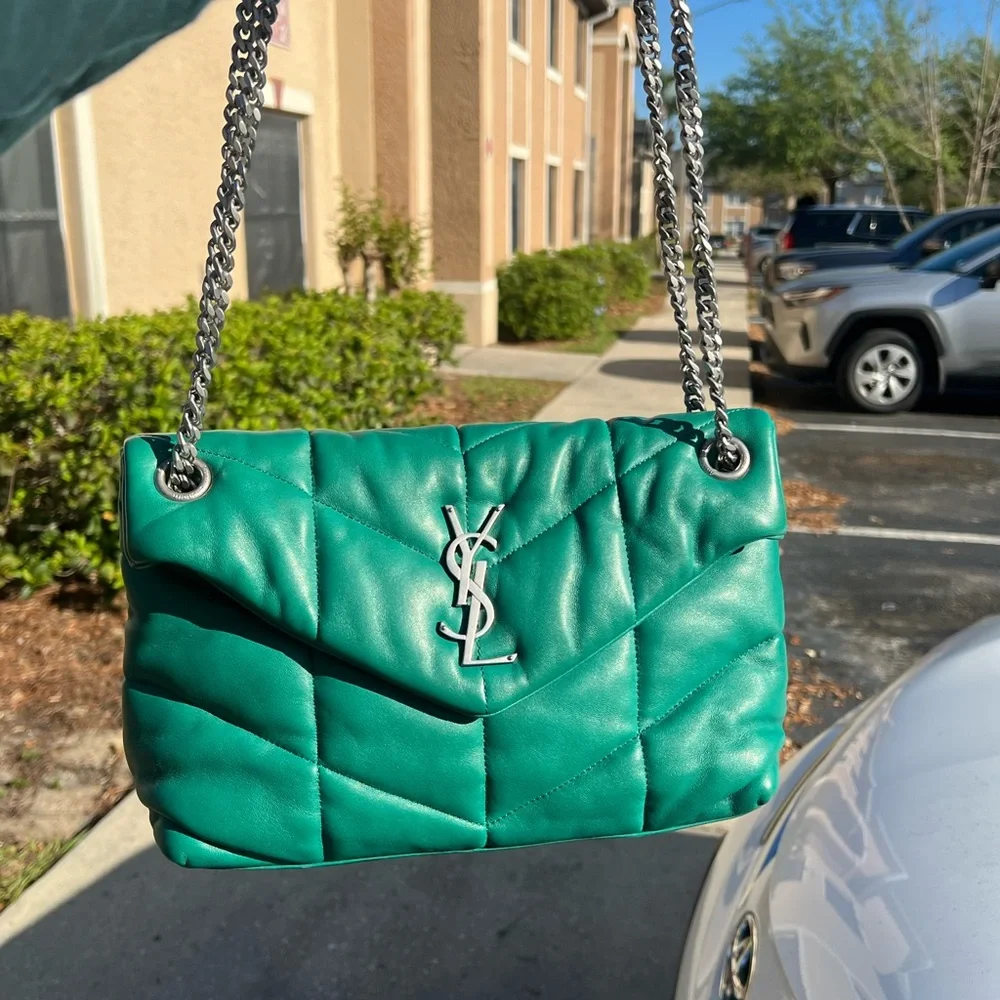 Saint Laurent Lambskin Quilted Loulou Puffer Chain Satchel Green Field Bag - Picture 1 of 8